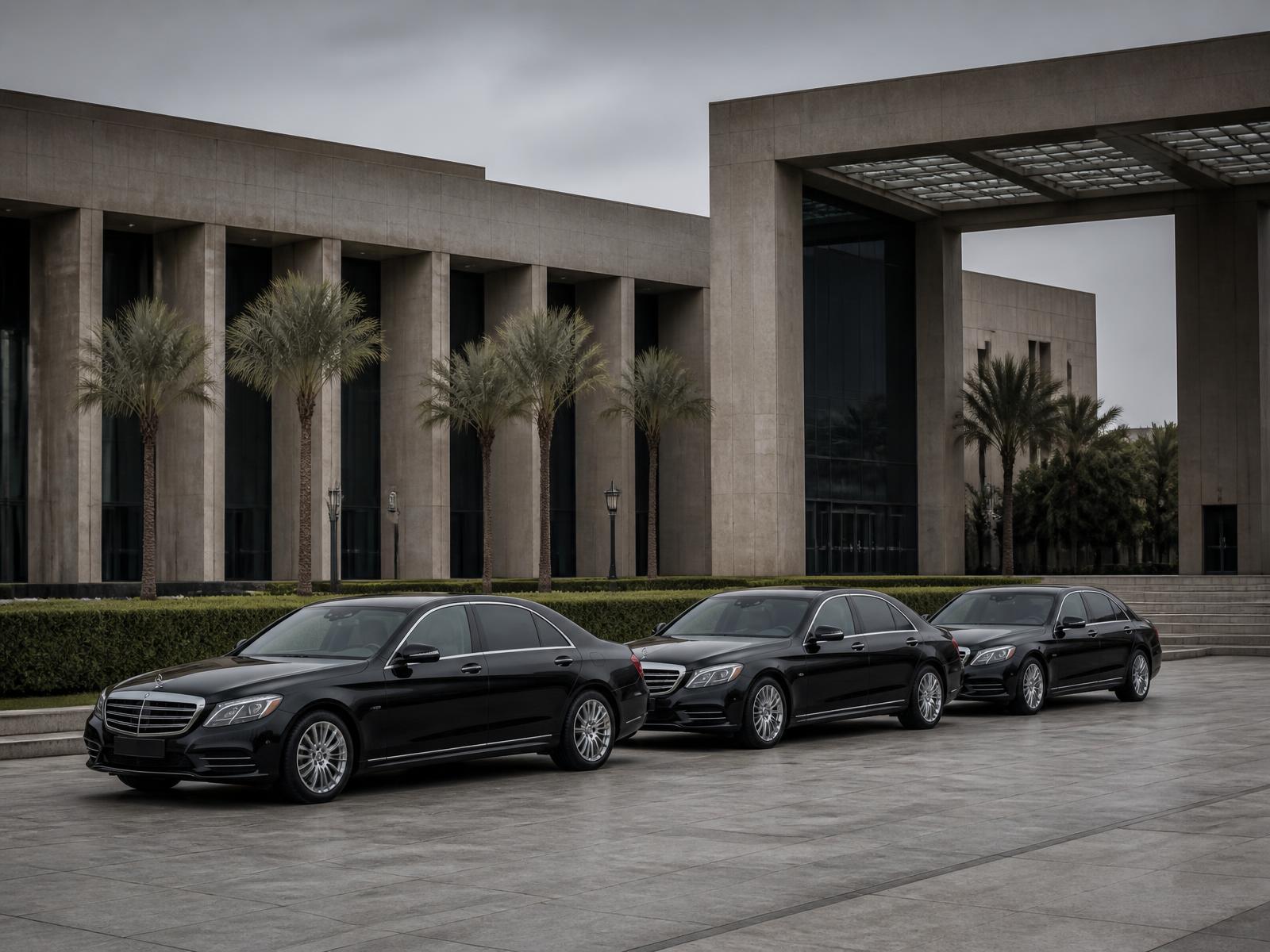 Convoy of black sedans arranged for a protocol and delegation movement