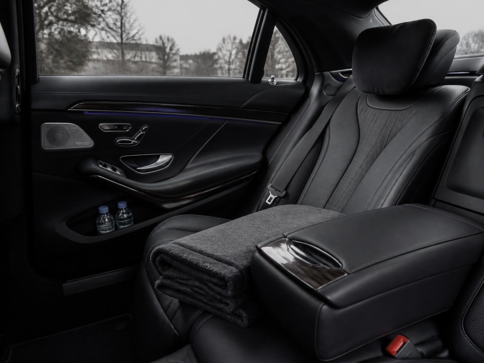 Rear cabin of a Mercedes-Benz S-Class prepared for a LEED Signature journey
